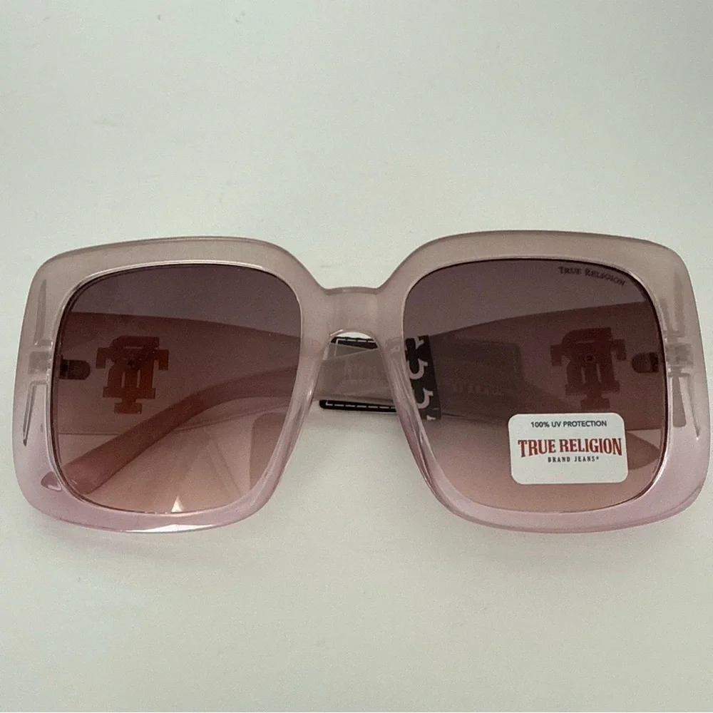 NEW TRUE RELIGION Oversized Square Sunglasses Clear Light Pink Acetate